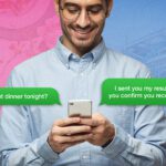 man texting with speech bubble on one side asking someone to dinner and the other side asking about resume