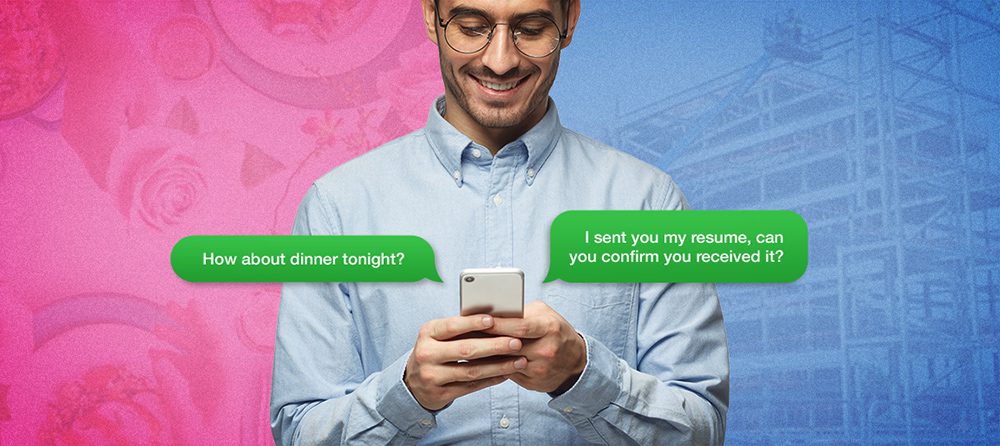 man texting with speech bubble on one side asking someone to dinner and the other side asking about resume