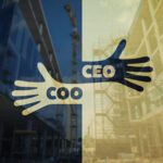 CEO and COO illustration of hands joining with a construction site overlay on the background
