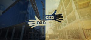 CEO and COO illustration of hands joining with a construction site overlay on the background