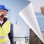 middle aged construction manager woman on the phone at a construction site with a page turning to the same woman at the beach enjoying retirement