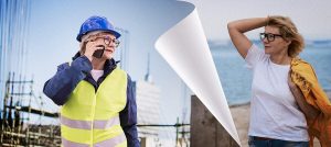 middle aged construction manager woman on the phone at a construction site with a page turning to the same woman at the beach enjoying retirement